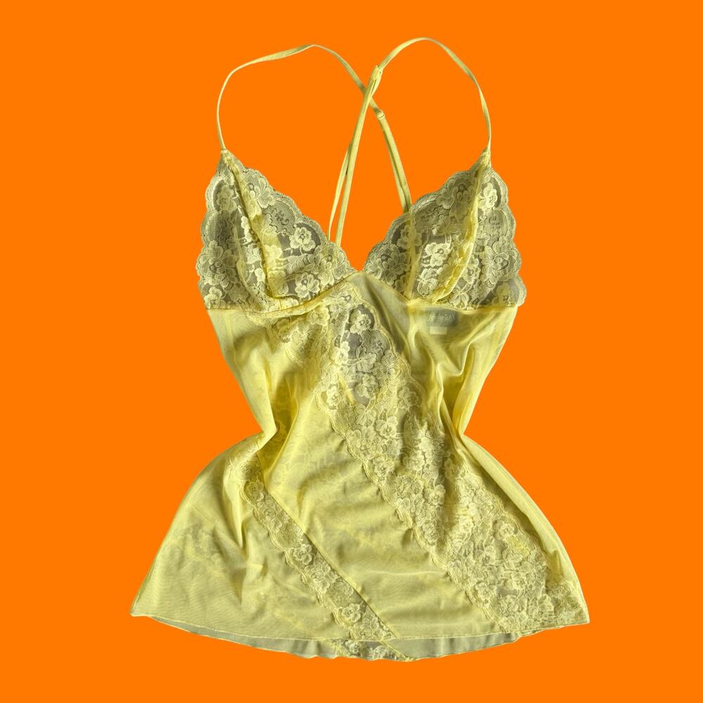 00's vintage yellow lace mesh chemise y2k slip dress LARGE